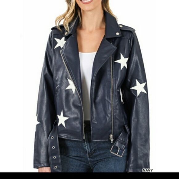 Leather jacket Embroidered white stars size L 10-12 - Picture 1 of 8